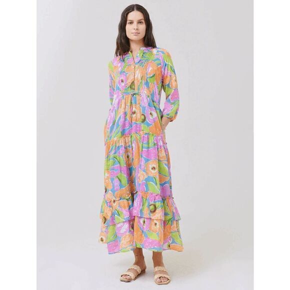 Banjanan Multicolored Floral Bazaar Button Down Maxi Dress Women's Size Medium